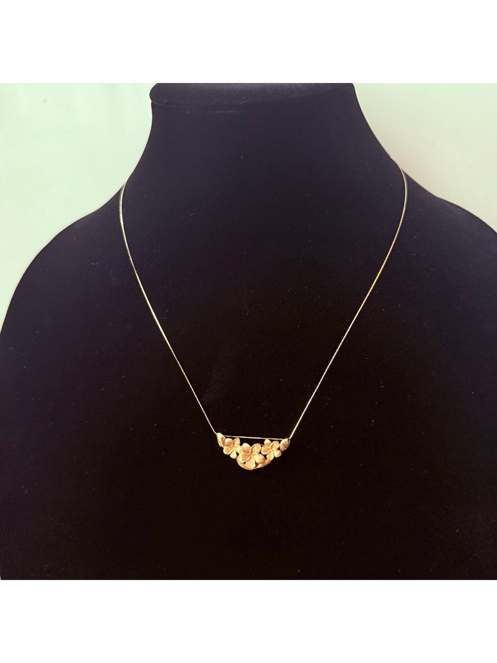 14K Solid Yellow Gold Three Hawaiian Plumeria Flower Pendant Enhancer Necklace - Picture 8 of 9